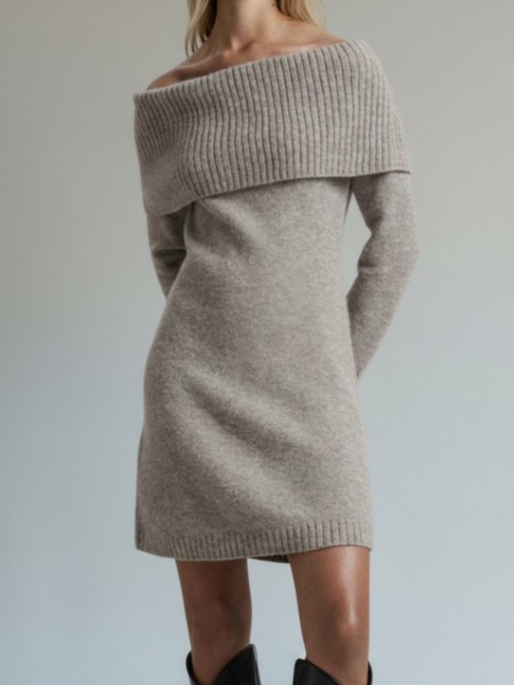 Off-Shoulder Rib Trim Sweater Dress in Taupe